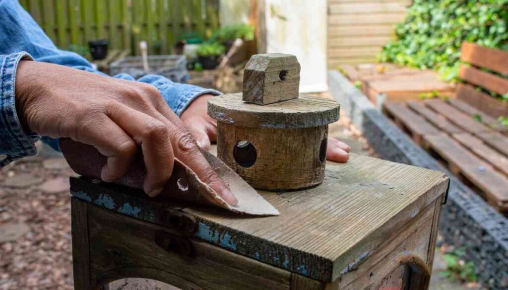 sanding a piece of furniture outside