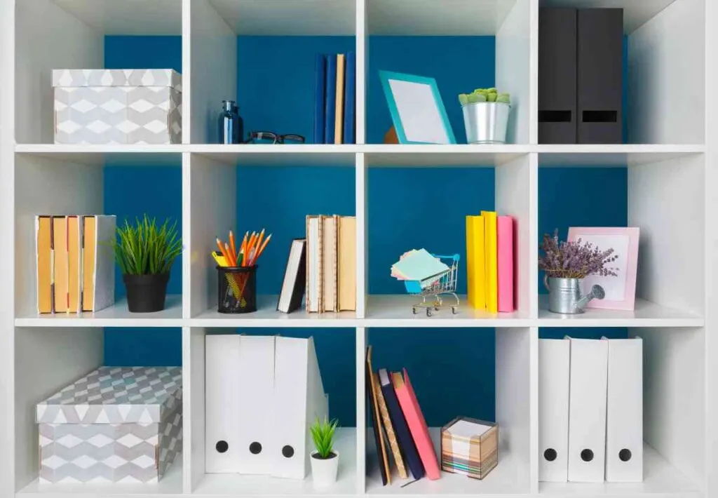 shelf with bright blue background