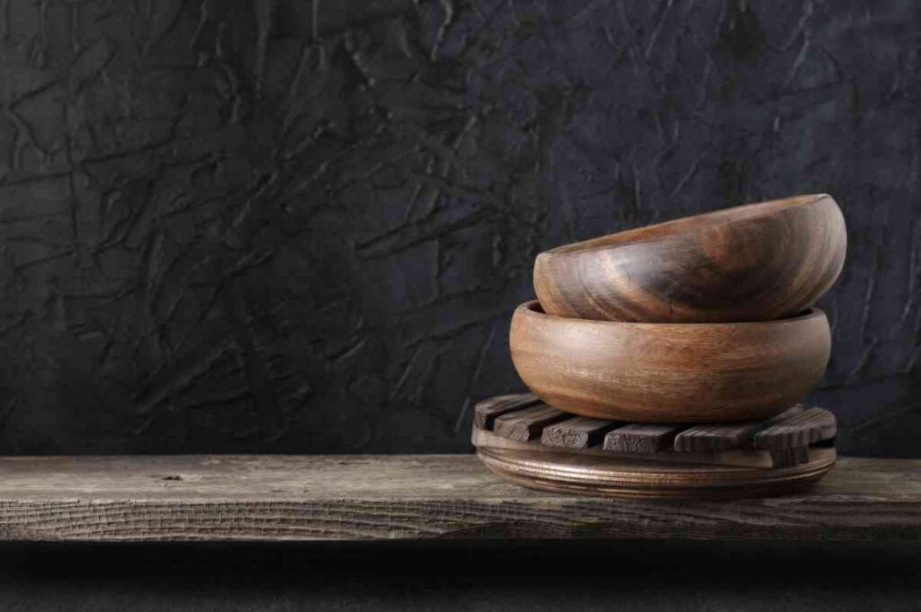 A display of wooden bowls