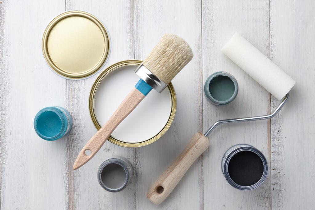 Chalk paint colors for furniture sample colors, brush and roller on a white background