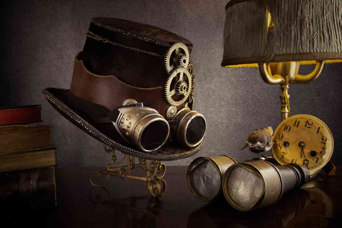 Examples of steampunk decor, a hat with gears, old lamp, binoculars, and clock