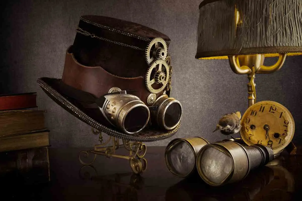 Examples of steampunk decor, a hat with gears, old lamp, binoculars, and clock