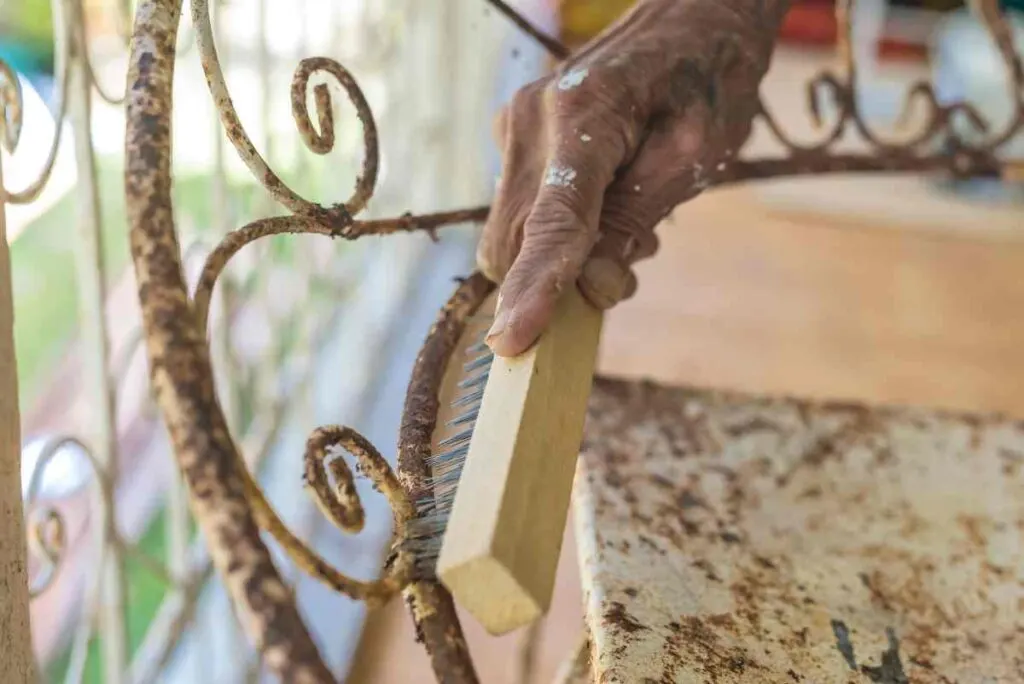Using a wire brush to scrape rust off old metal furniture