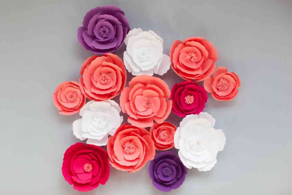 Coral, white and purple handmade paper flowers