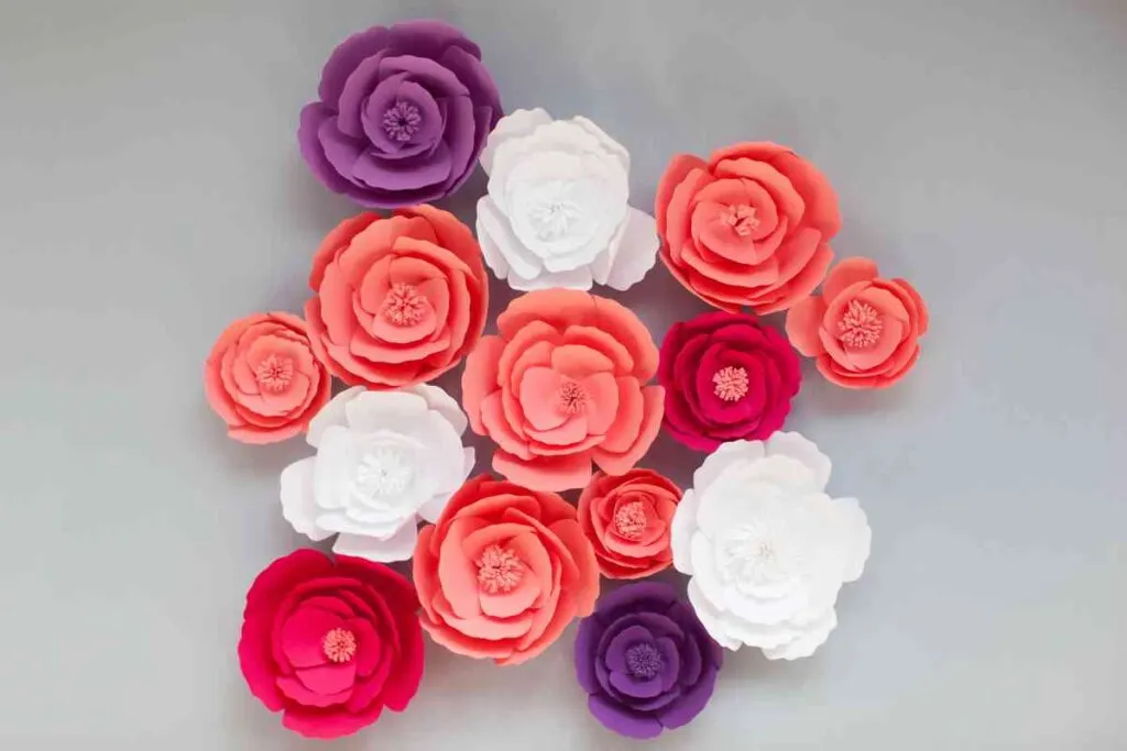 Coral, white and purple handmade paper flowers