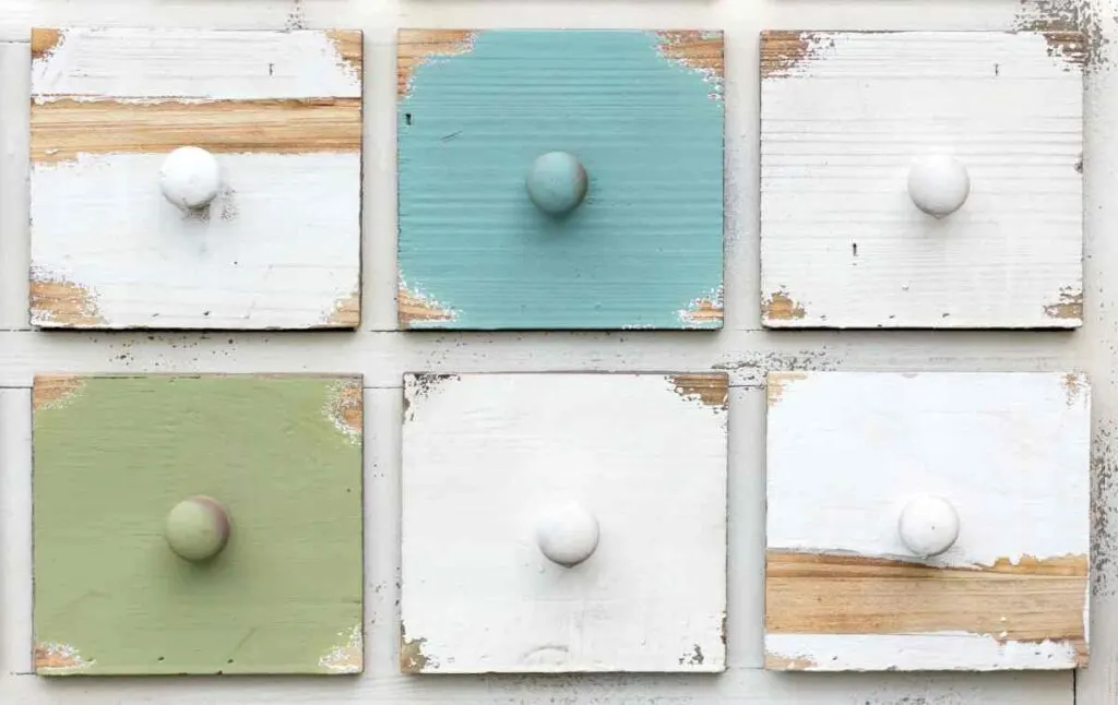 wooden drawers distressed in various colors