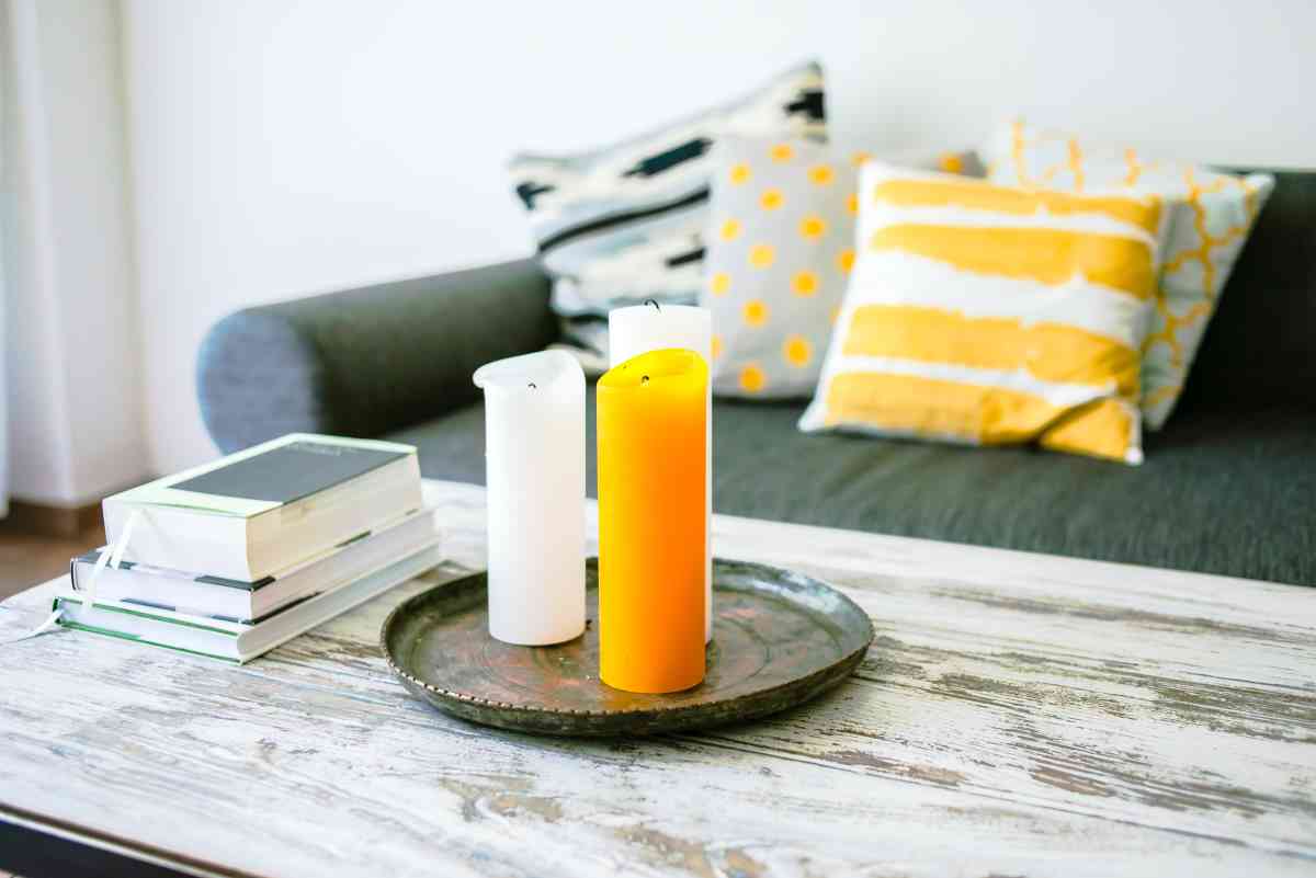 Shabby chic coffee table with candles on top