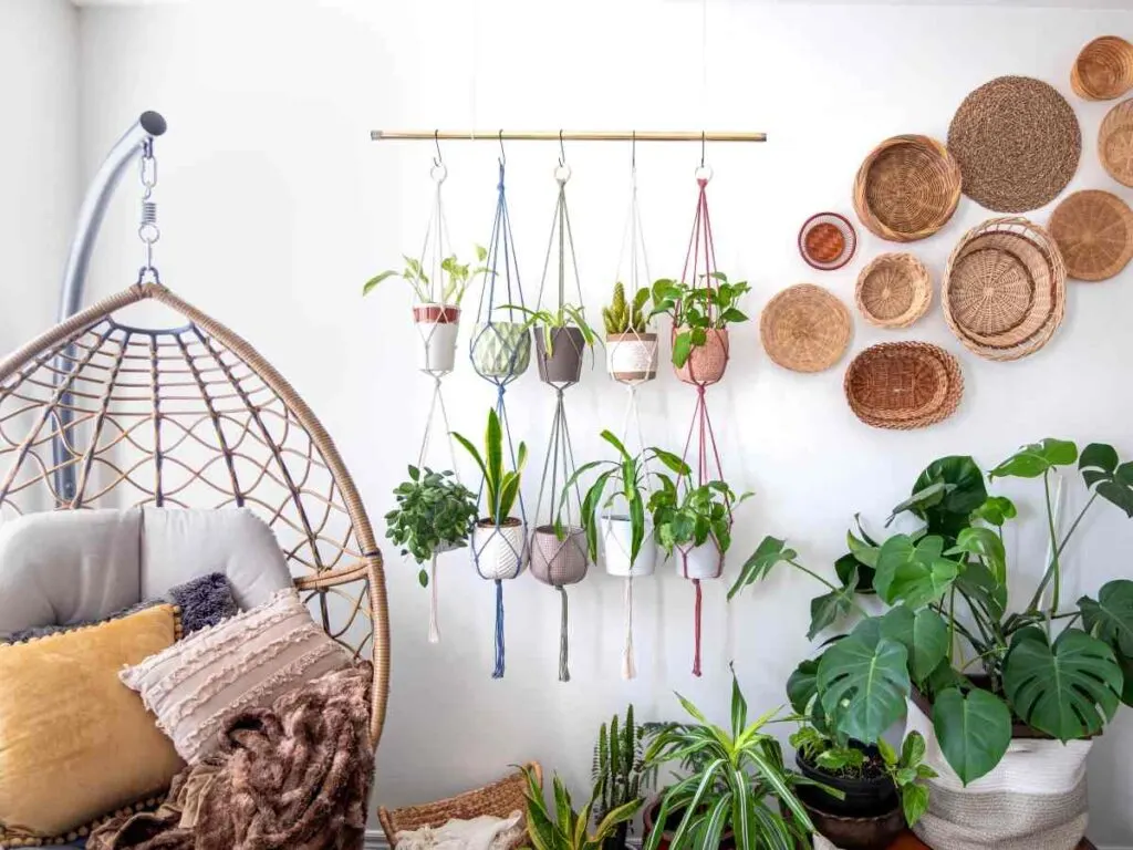 Room decorated with macrame plant hangers, baskets, and plants