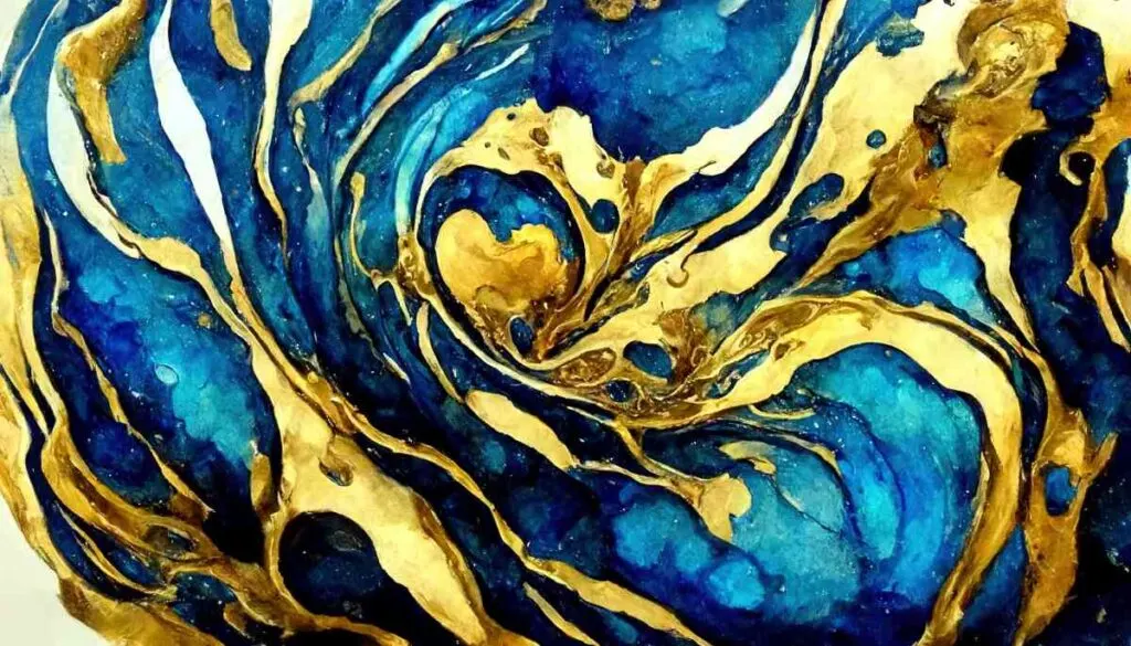 Paint pouring with gold and blue metallic paints