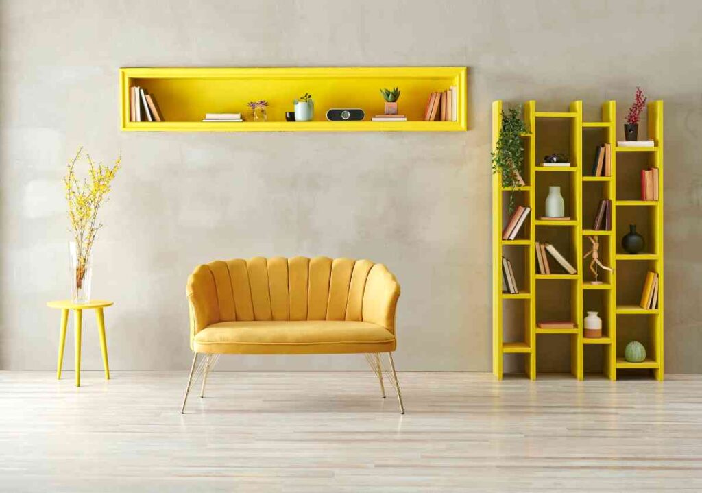 Yellow bookcase, wall shelf, and chair for painting upholstered furniture