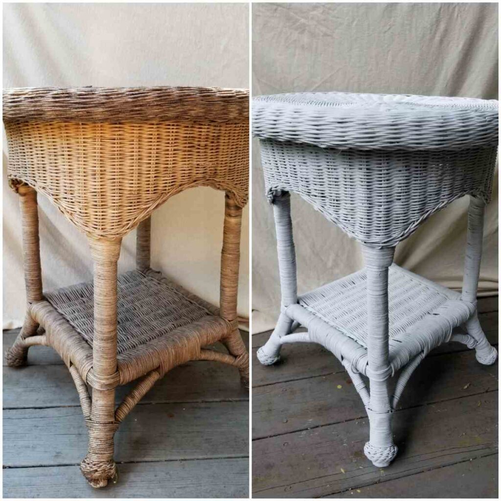 Before and after a wicker side table gets a new coat of white paint