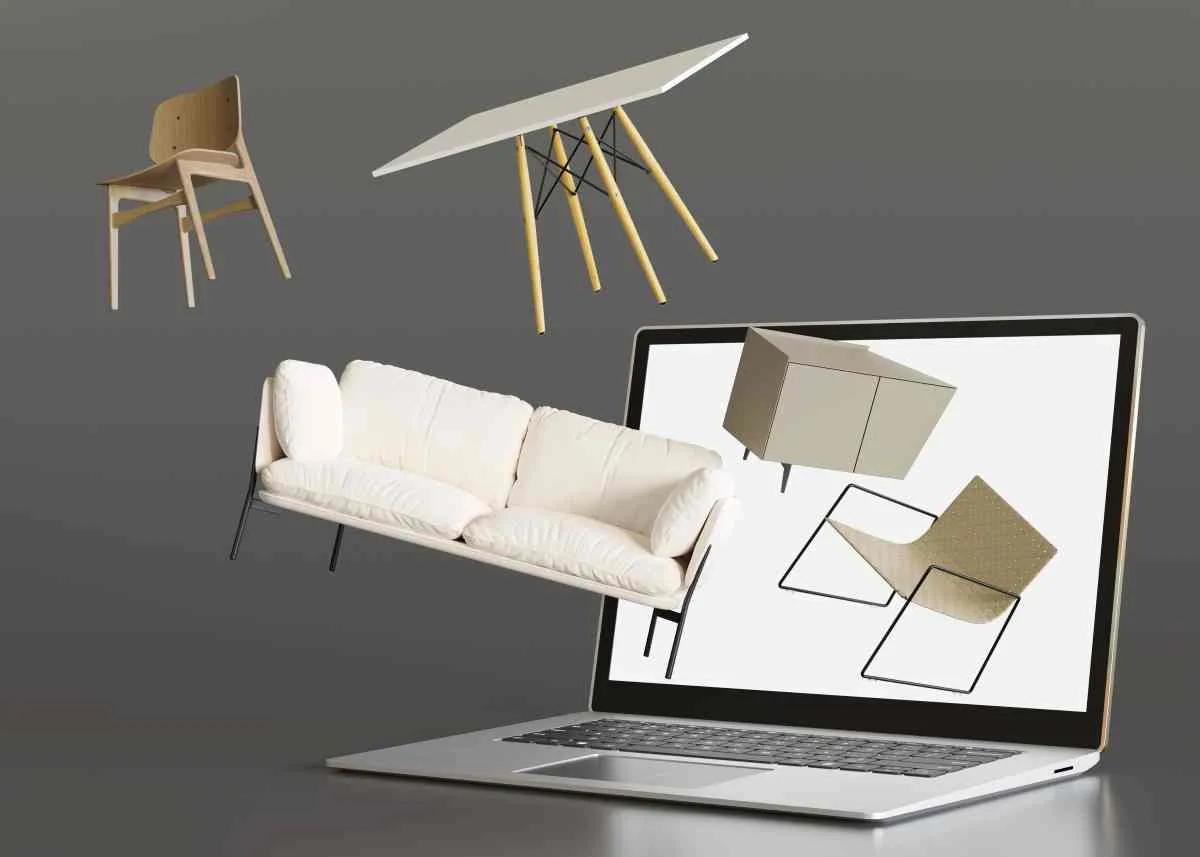 Furniture flying out of a laptop showing how easy selling furniture online can be