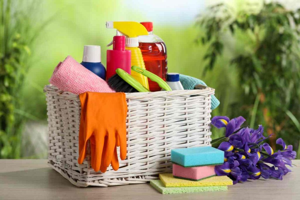 Wicker basket with cleaning supplies