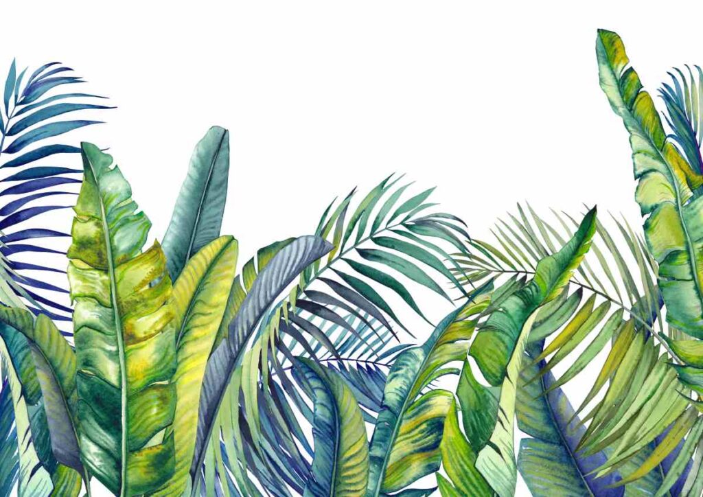 Tropical leaf wall murals in blues and greens