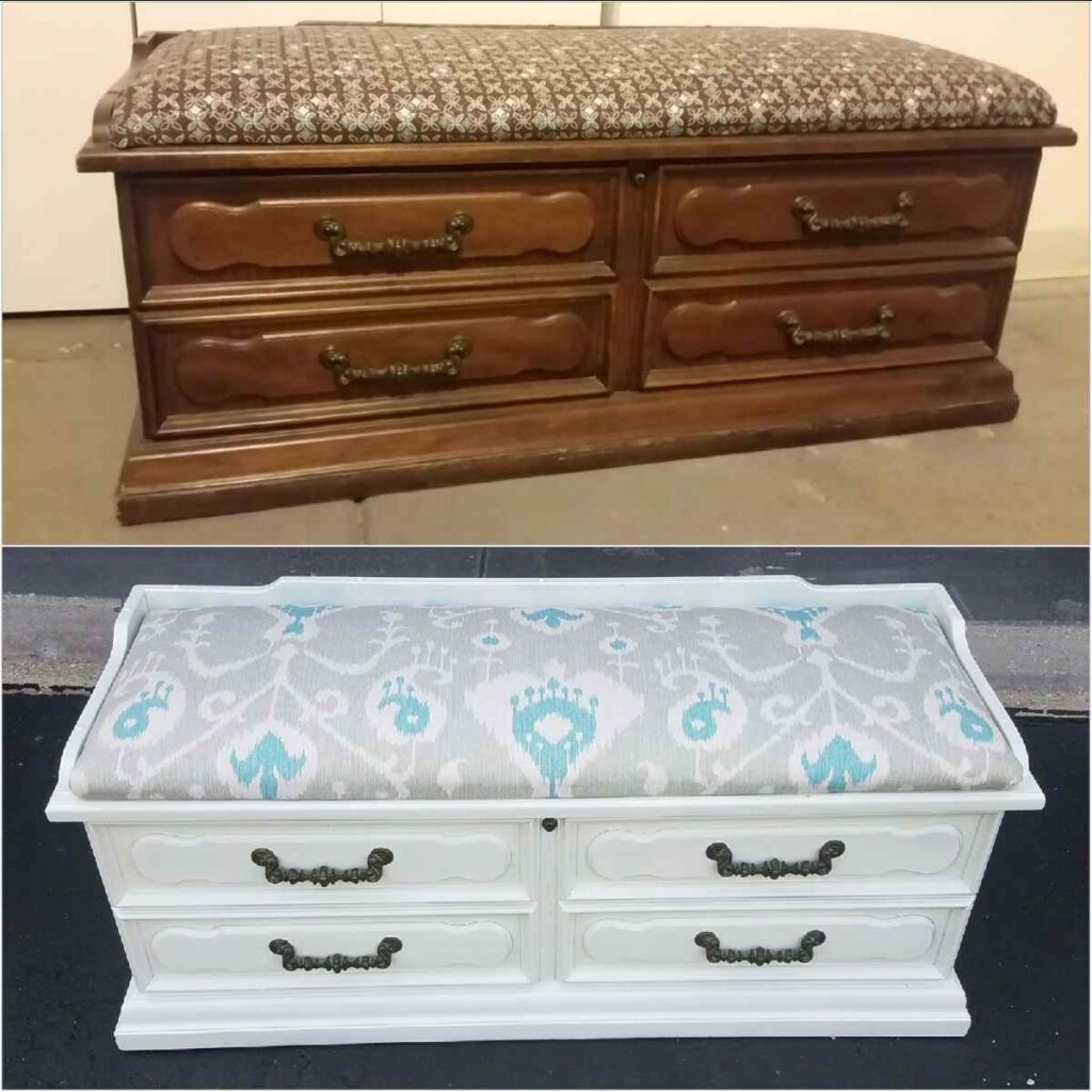 An old wooden chest painted bright white with a new cover and hardware. Flipping furniture for profit