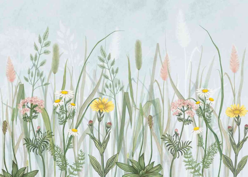 Wall mural with pink and yellow wildflowers