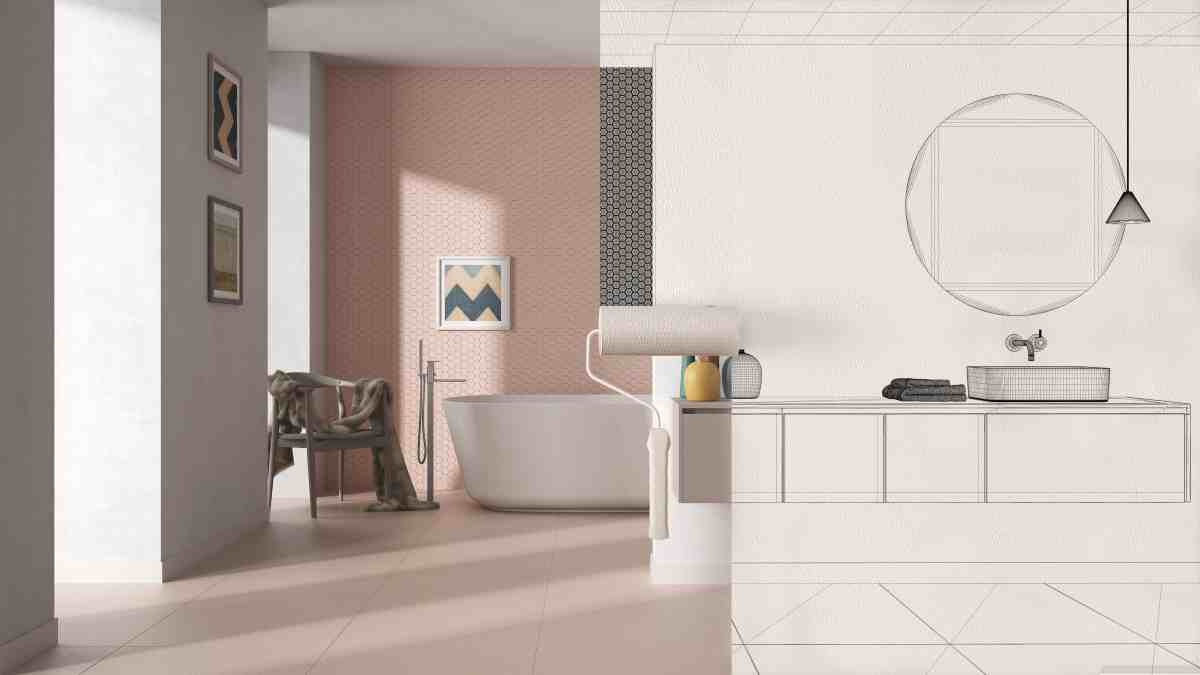 Paint roller painting sketch of bathroom using the best paint for bathrooms