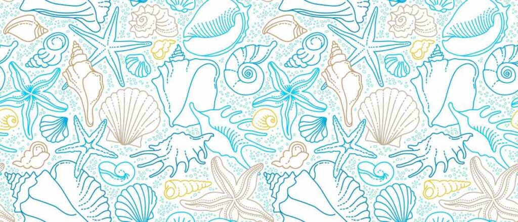 wall stencil with different seashells in blues and browns