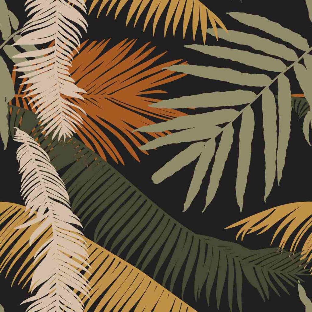 Wall mural with overlayed palm leaves in oranges in greens