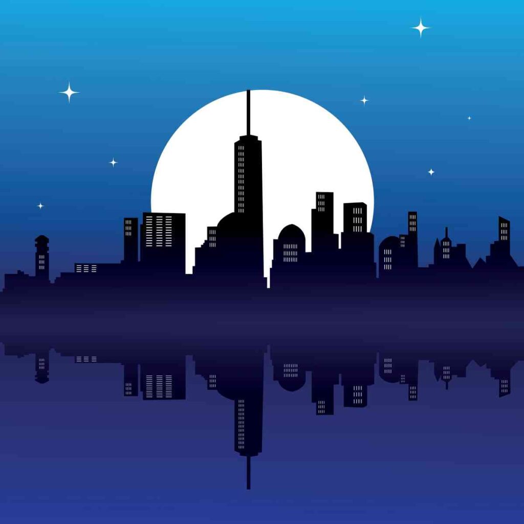 Nighttime cityscape wall mural with a large moon