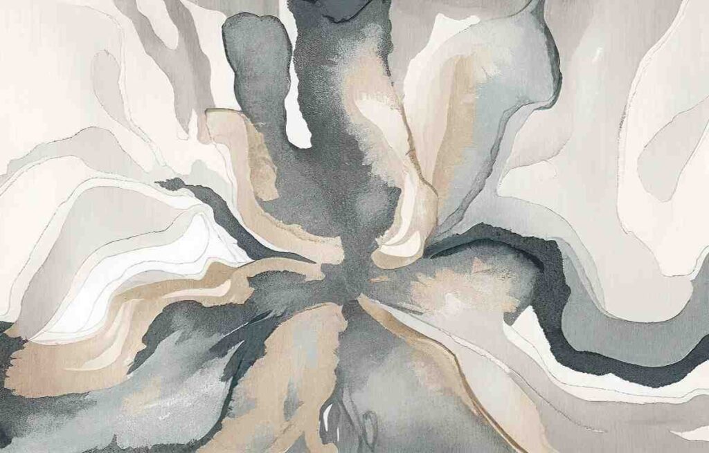 Abstract flower wall mural in greys and tans