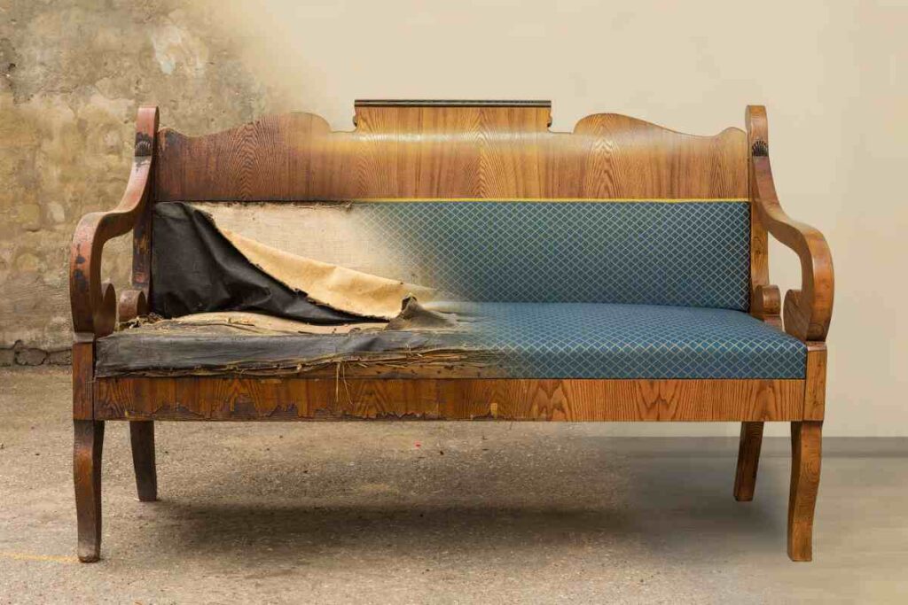 Refurbished antique bench, before and after in one photo
