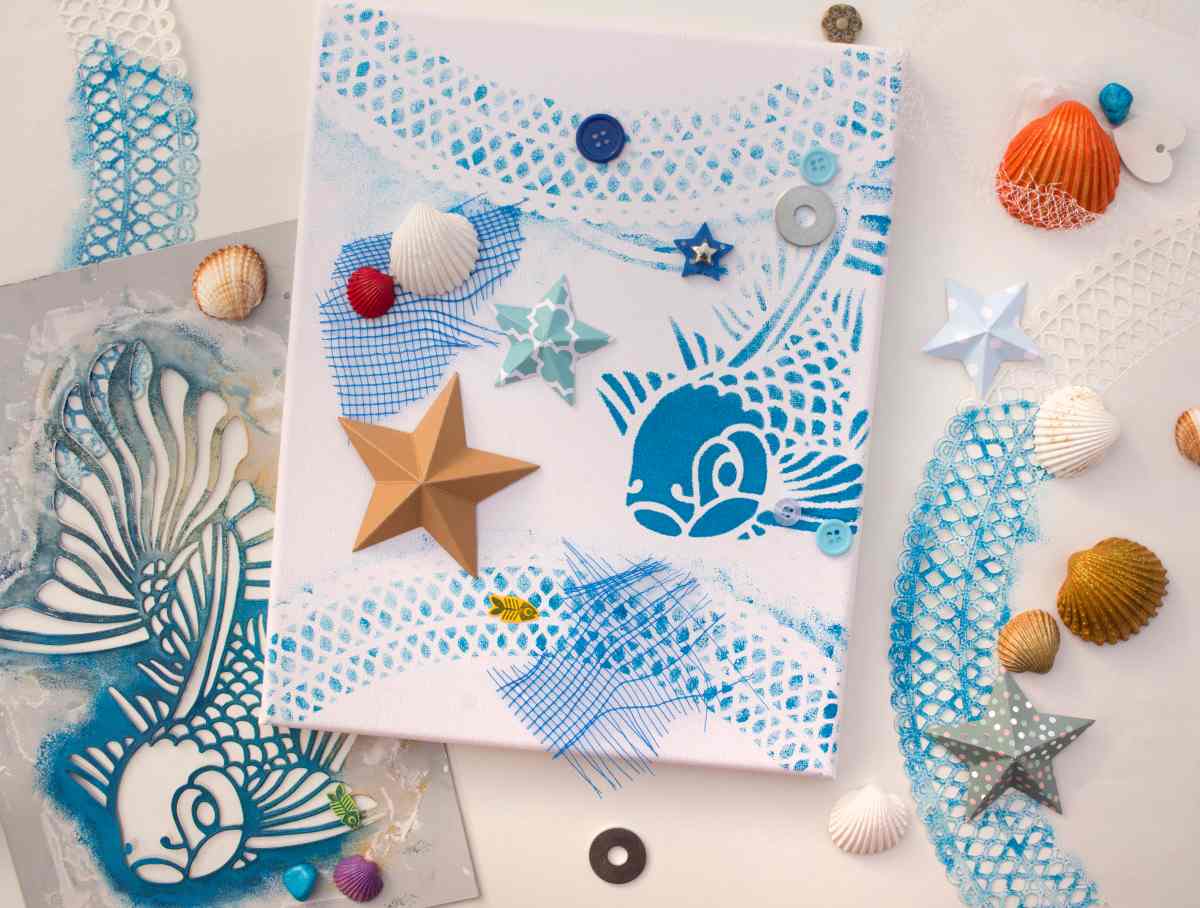 Using craft stenciling as a medium to add fish and other nautical designs to canvas
