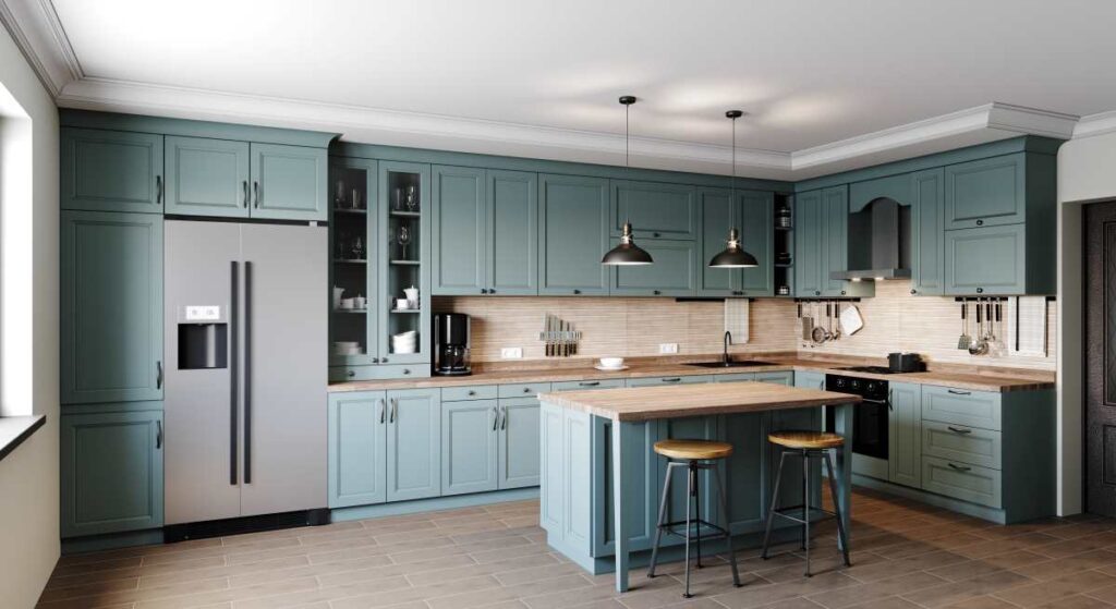 Kitchen cabinets painted teal with stainless steel appliances and white walls