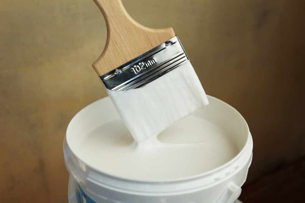 Paintbrush being dipped into a can of white paint