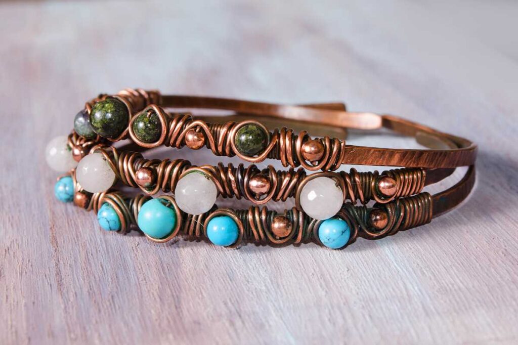 Tarnished copper jewelry with gemstones. How to clean copper jewelry