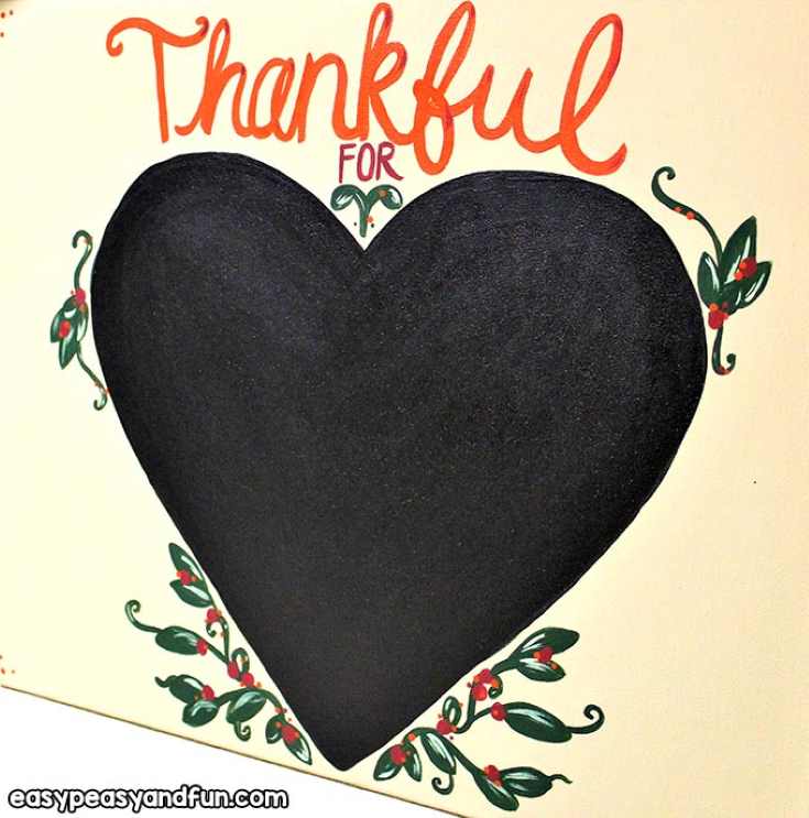 Canvas painting of a chalkboard painted heart with the words Thankful For